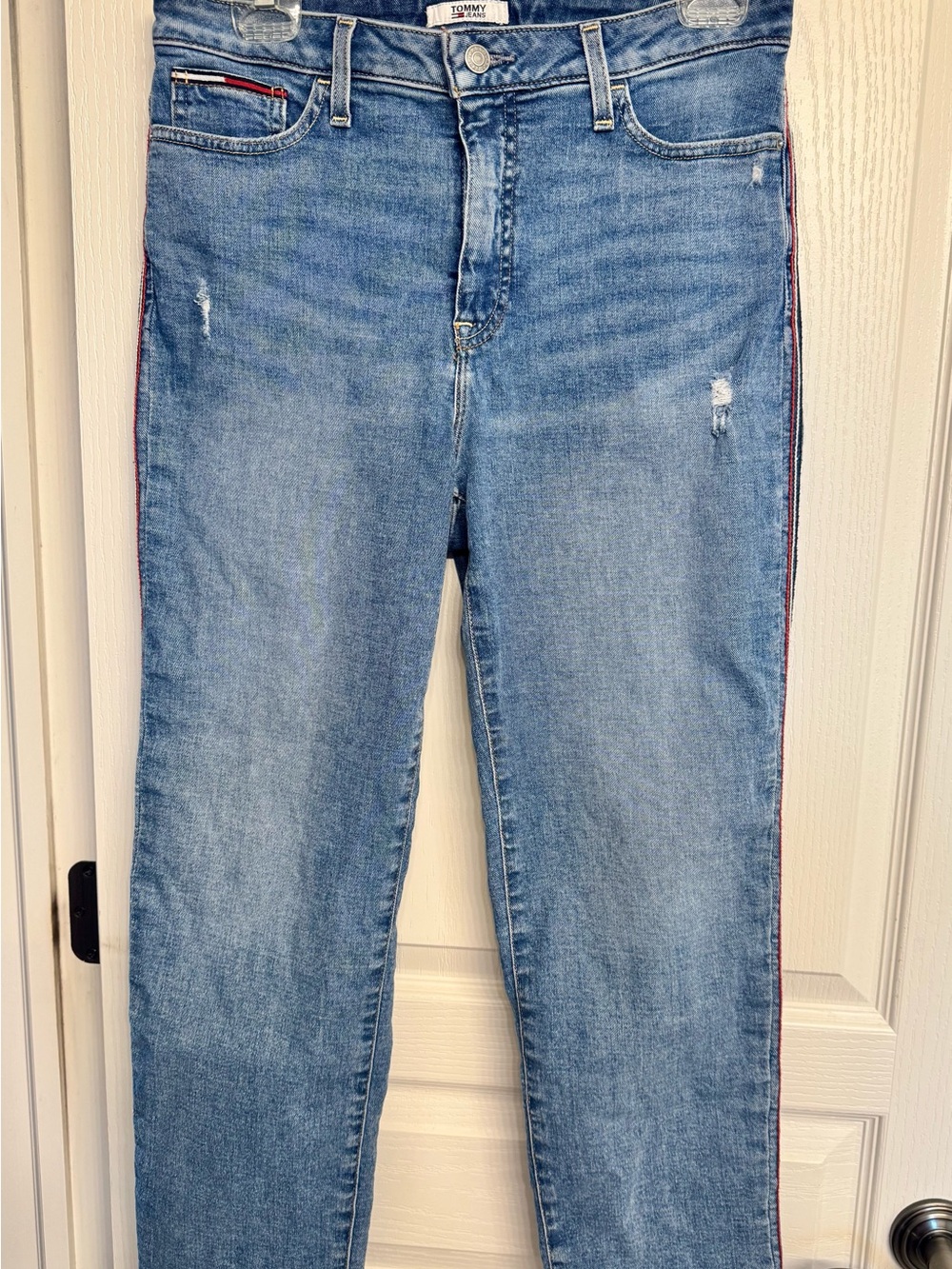 Tommy Hilfiger Light Blue Straight Leg Jeans with Red and White Side Stripe